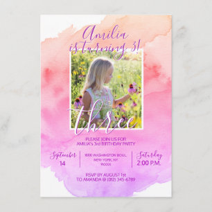 Invitation Aquarelle rose violet fille 3e fête d'anniversaire