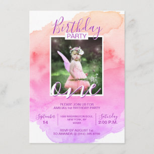 Invitation Aquarelle rose violet fille ANNIVERSAIRE 1ère ANNÉ