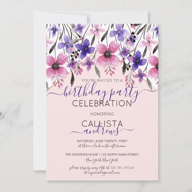 Invitation Aquarelle rose violet fleurie fête d'anniversaire (Devant)
