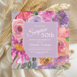 Invitation Aquarelle rose violet Fleurs sauvages 50e annivers
