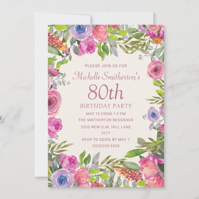 Invitation Aquarelle rose violet Fleurs sauvages 80e annivers (Devant)