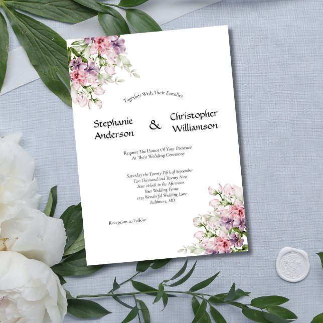 Invitation Aquarelle rose violet Mariage de verdure fleurie (Pink purple watercolor floral elegant formal wedding invitation. Printed or Instant digital download)