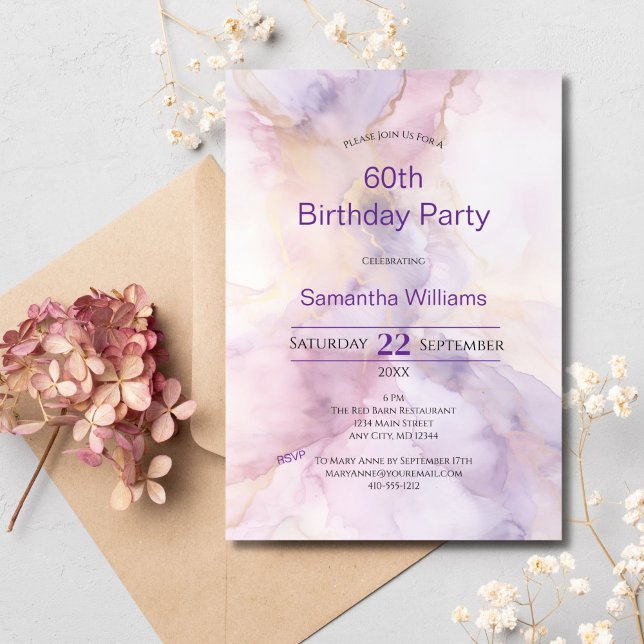 Invitation Aquarelle rose violet or 60e anniversaire (Pink purple gold watercolor wash 60th birthday invitation for her. Edit it for any year)