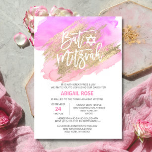 Invitation Aquarelle Rose Violet Or BAT MITZVAH Étoile de Dav