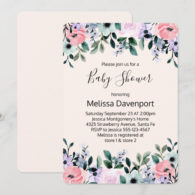 Invitation Aquarelle rose violet vert Baby shower Floral (Devant / Derrière)