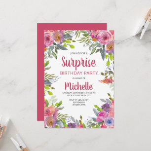 Invitation Aquarelle rose violet vert floral Anniversaire
