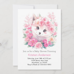 Invitation Aquarelle rose Wolf Baby shower de fille magique