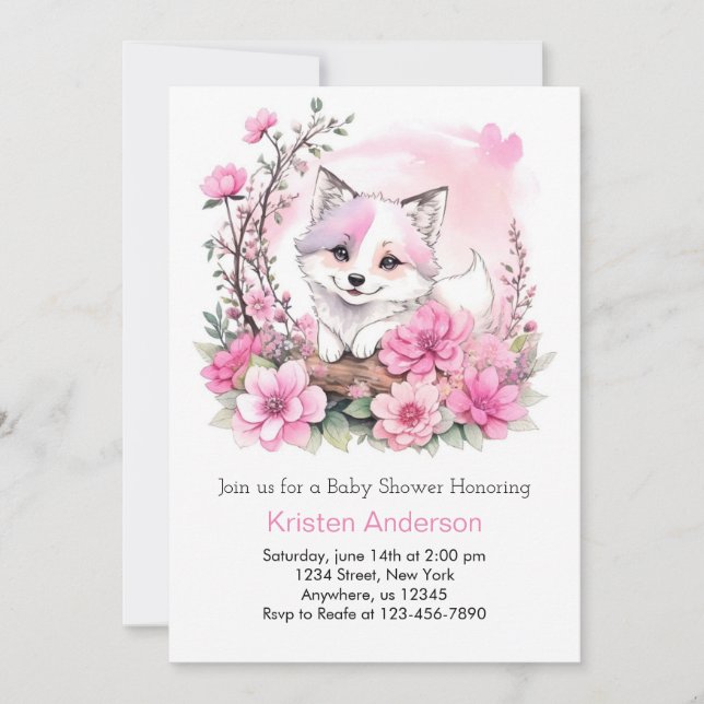 Invitation Aquarelle rose Wolf Bliss Baby shower fille (Devant)