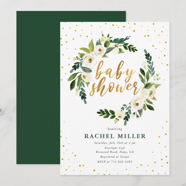 Invitation Aquarelle Roses blanches Baby shower vert or (Devant / Derrière)