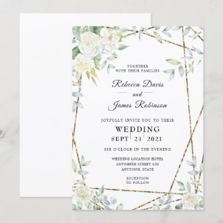 Invitation Aquarelle Roses blanches et Mariage de verdure