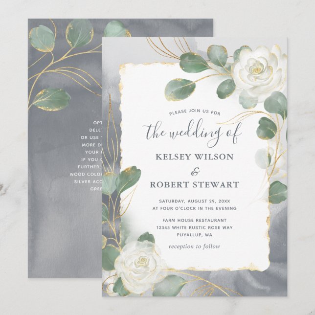 Invitation Aquarelle Roses Blanches Feuillage Gris Or Mariage (Devant / Derrière)