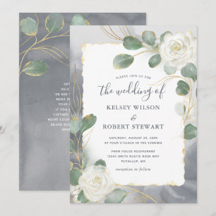 Invitation Aquarelle Roses blanches Gris Or Vert Mariage