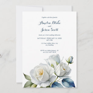 Invitation Aquarelle Roses blanches sur Mariage blanc propre