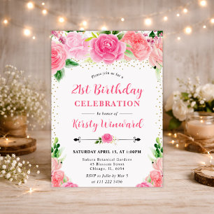 Invitation Aquarelle Roses Fleurs Roses Photo Anniversaire 21