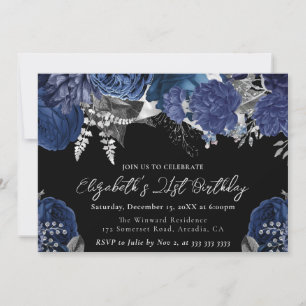 Invitation Aquarelle Roses Navy et Argent 21e Anniversaire