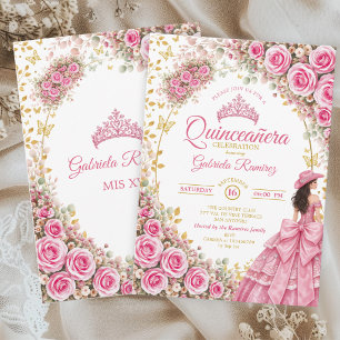 Invitation Aquarelle Roses rose vif or Quinceañera