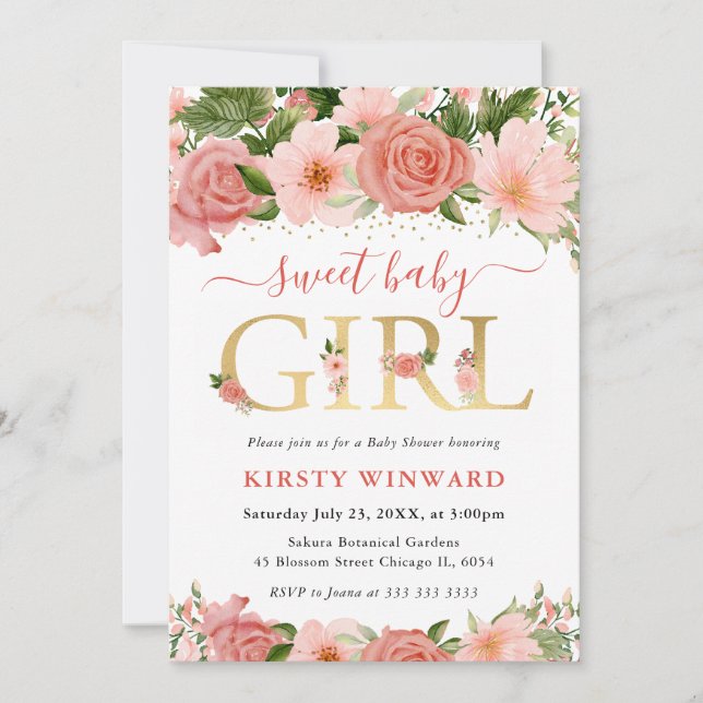 Invitation Aquarelle Roses roses Baby shower (Devant)