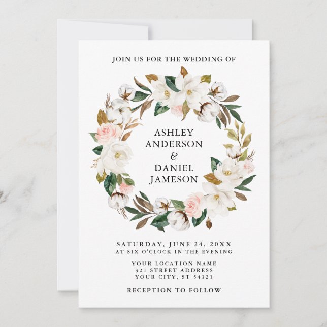 Invitation Aquarelle Roses roses blanches Magnolias Wreath (Devant)