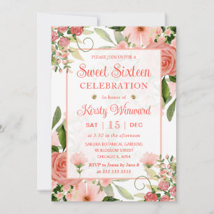Invitation Aquarelle Roses Roses et Rouges Seize Ans