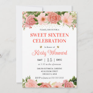 Invitation Aquarelle Roses Roses et Rouges Seize Ans