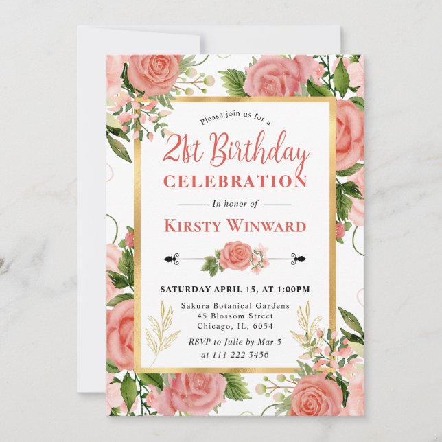 Invitation Aquarelle Roses roses Fleurs 21e anniversaire (Devant)