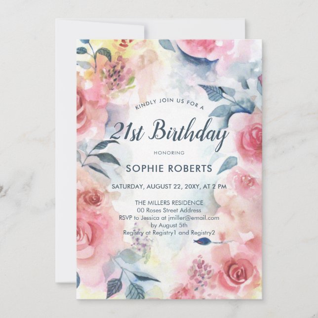 Invitation Aquarelle Roses roses Florales Romantique 21 Anniv (Devant)