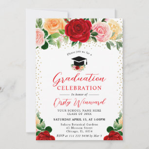Invitation Aquarelle Roses rouges et jaunes Graduation