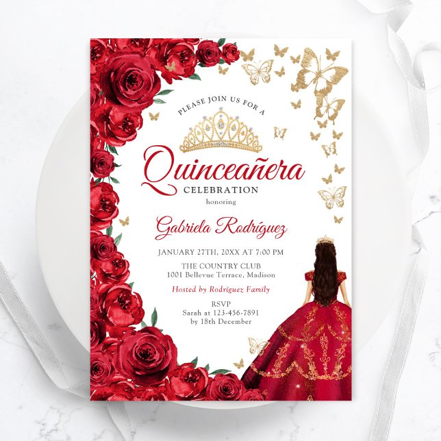 Invitation Aquarelle Roses rouges Quinceanera Florale (Créateur téléchargé)