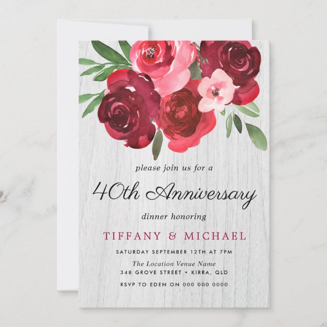 Invitation Aquarelle Roses rouges Rustique 40e anniversaire (Devant)