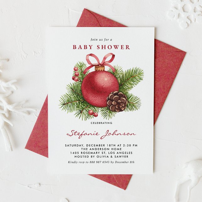 Invitation Aquarelle Rouge Baby shower ornement de Noël (Créateur téléchargé)