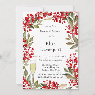 Invitation Aquarelle Rouge Berry Wreath Brunch & Bubbly