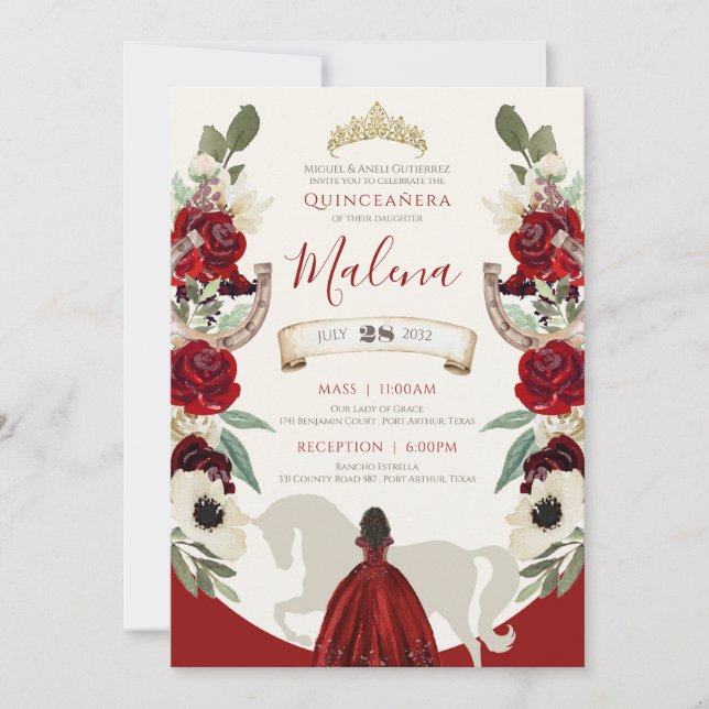 Invitation Aquarelle rouge bordeaux Elégante Charro Quinceane (Devant)