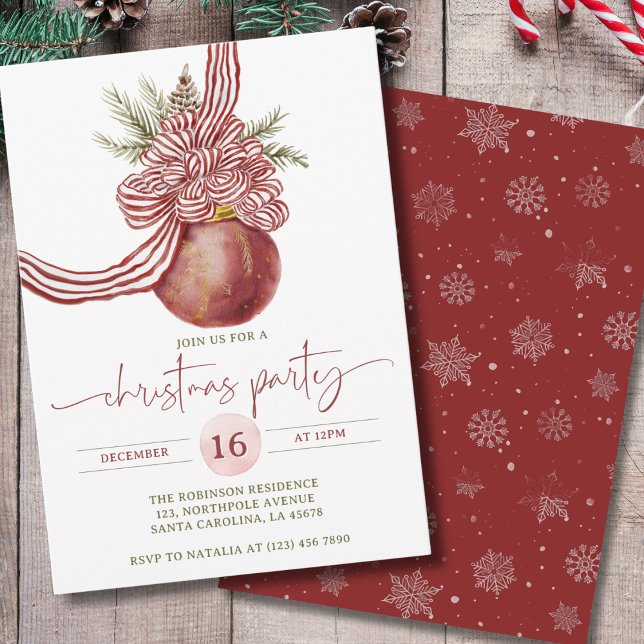 Invitation Aquarelle Rouge Bow Ornement de Noël (Créateur téléchargé)