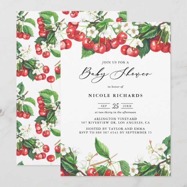 Invitation Aquarelle Rouge Cerises Garland Baby shower (Devant / Derrière)