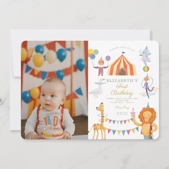 Invitation Aquarelle Rouge Cirque Photo Carnaval Bébé Anniver (Devant)