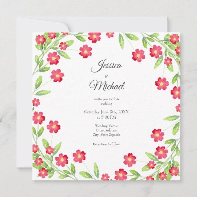 Invitation Aquarelle rouge couronne florale (Devant)