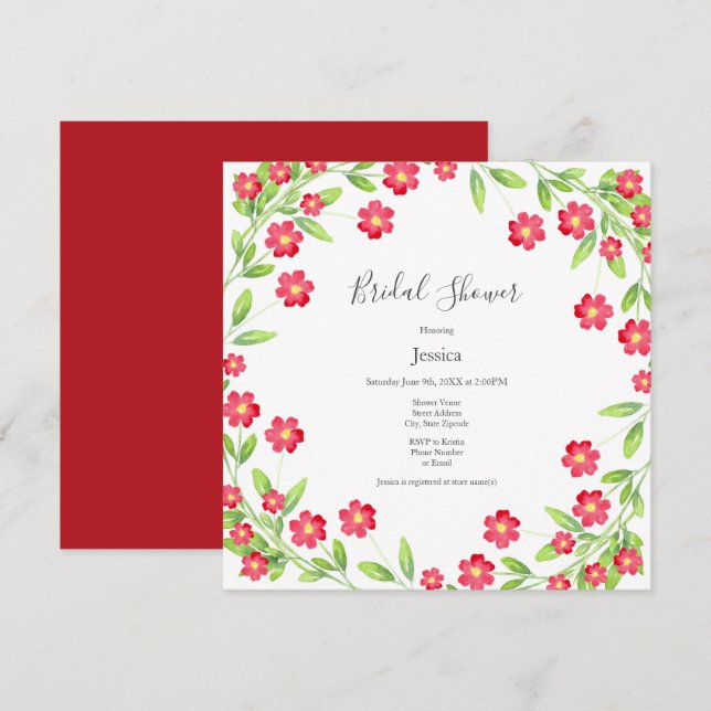 Invitation Aquarelle rouge couronne florale (Devant / Derrière)