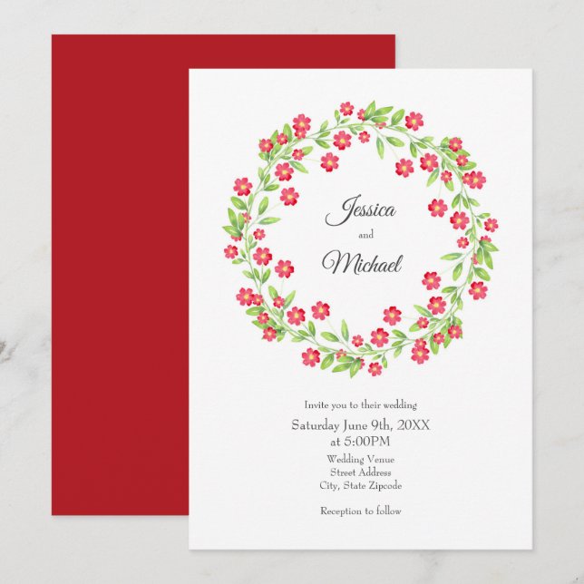 Invitation Aquarelle rouge couronne florale (Devant / Derrière)