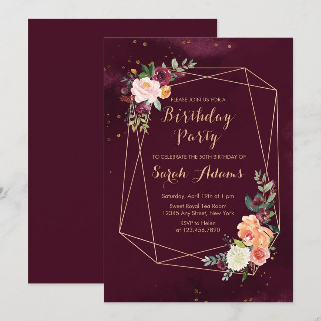 Invitation Aquarelle rouge de Bourgogne 50e anniversaire (Devant / Derrière)