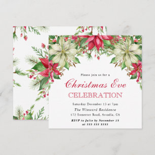 Invitation Aquarelle Rouge et Blanc Poinsettia Noël Réveillon