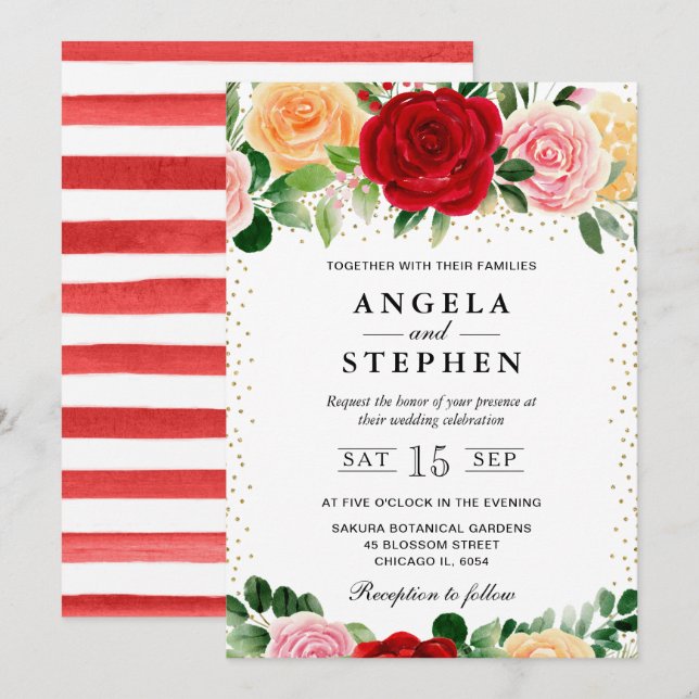 Invitation Aquarelle Rouge et Jaune Roses Mariage (Devant / Derrière)