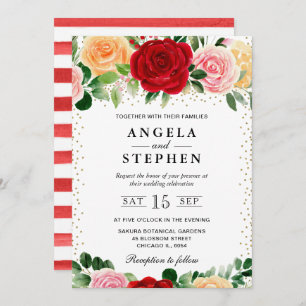 Invitation Aquarelle Rouge et Jaune Roses Mariage