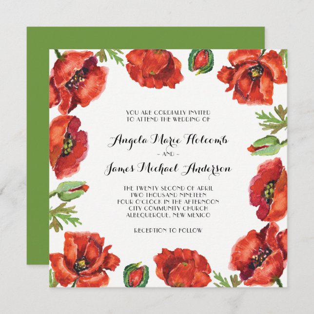 Invitation Aquarelle Rouge et vert Mariage de fleurs de crapa (Devant / Derrière)