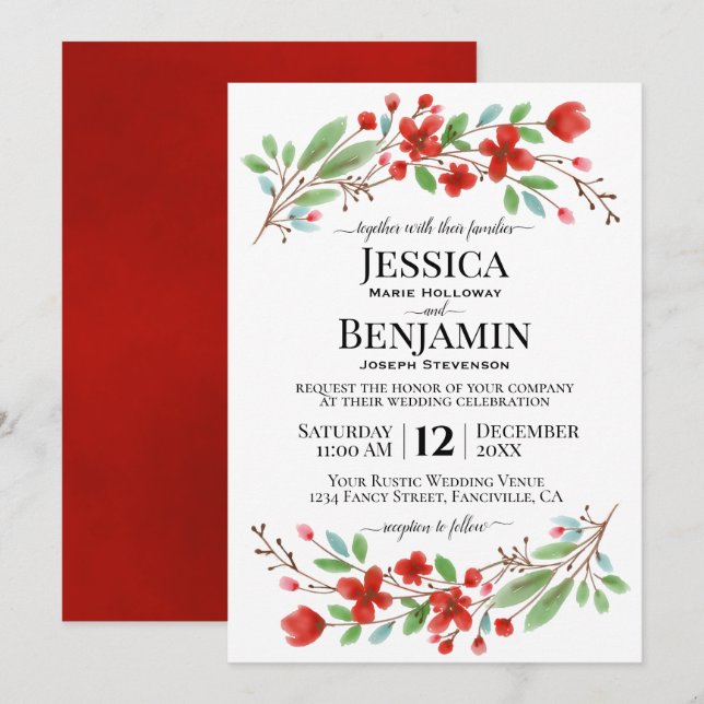 Invitation Aquarelle rouge fleurit Elegant Boho Chic Mariage (Devant / Derrière)