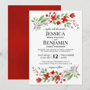 Invitation Aquarelle rouge fleurit Elegant Boho Chic Mariage