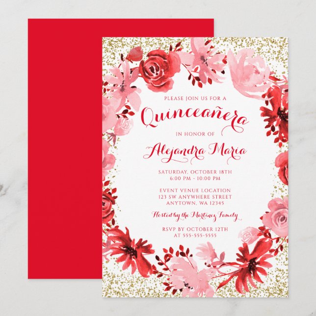 Invitation Aquarelle rouge Floral Or Quinceanera (Devant / Derrière)