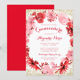 Invitation Aquarelle rouge Floral Or Quinceanera