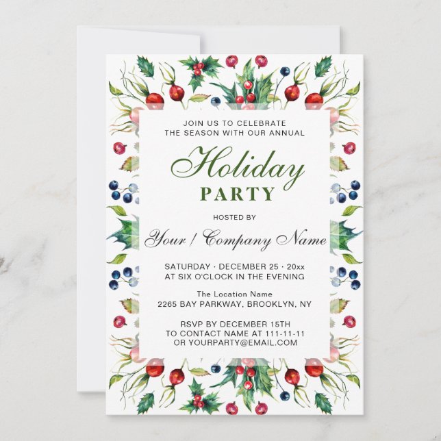 Invitation Aquarelle Rouge Holly Berry Fête (Devant)