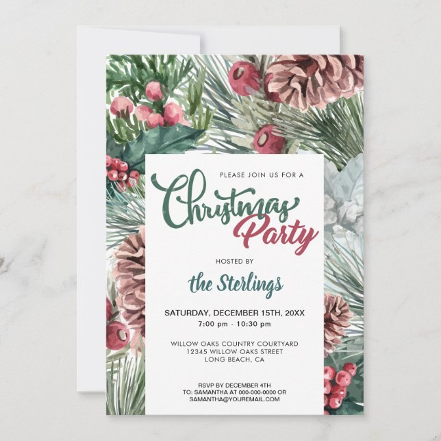 Invitation Aquarelle Rouge Holly Pin Vert Noël (Devant)