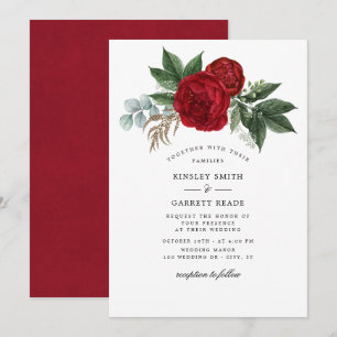 Invitation Aquarelle rouge luxuriante pivoines Mariage blanc